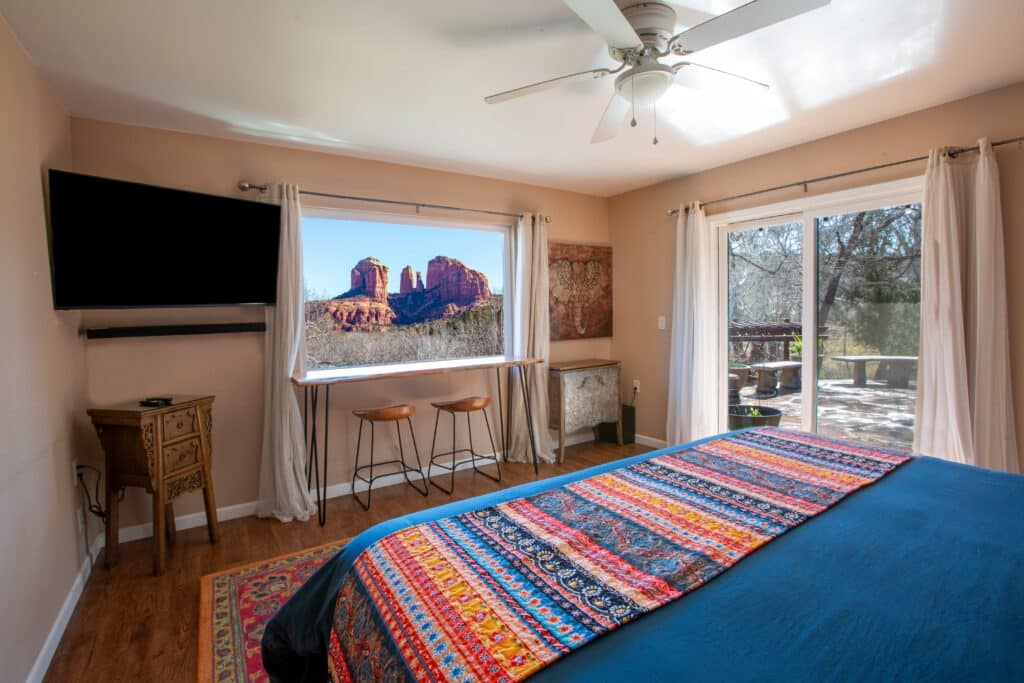 Cathedral Rock perfectly framed in a bedroom window in Sedona