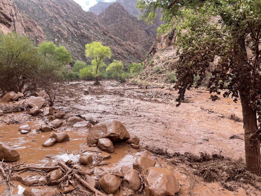 Floodwaters near Phantom Ranch on Bright Angel Creek at the bottom of the Grand Canyon.