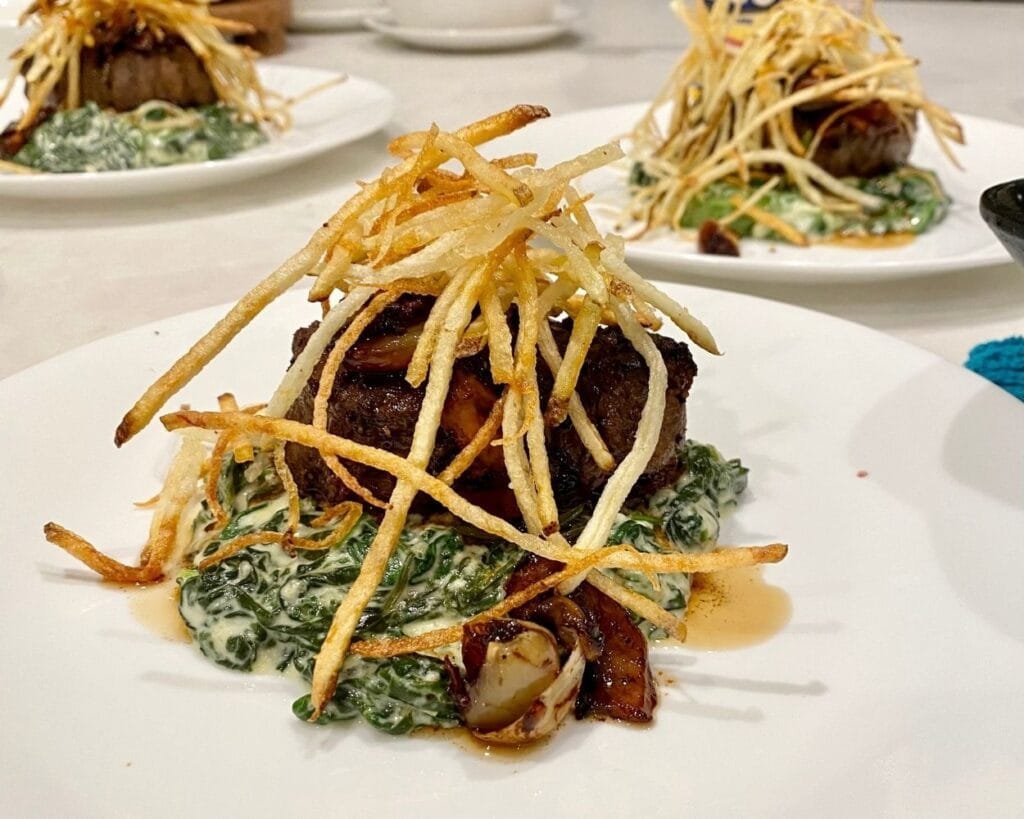 filet, pomme fritte, creamed spinach, roasted garlic Messina Culinary