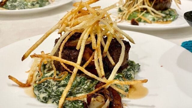 filet, pomme fritte, creamed spinach, roasted garlic Messina Culinary